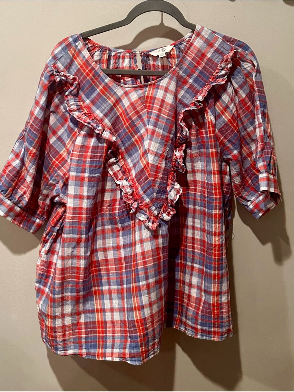 Terra & Sky Women's Red/Gray Plaid Blouse, Size 2X